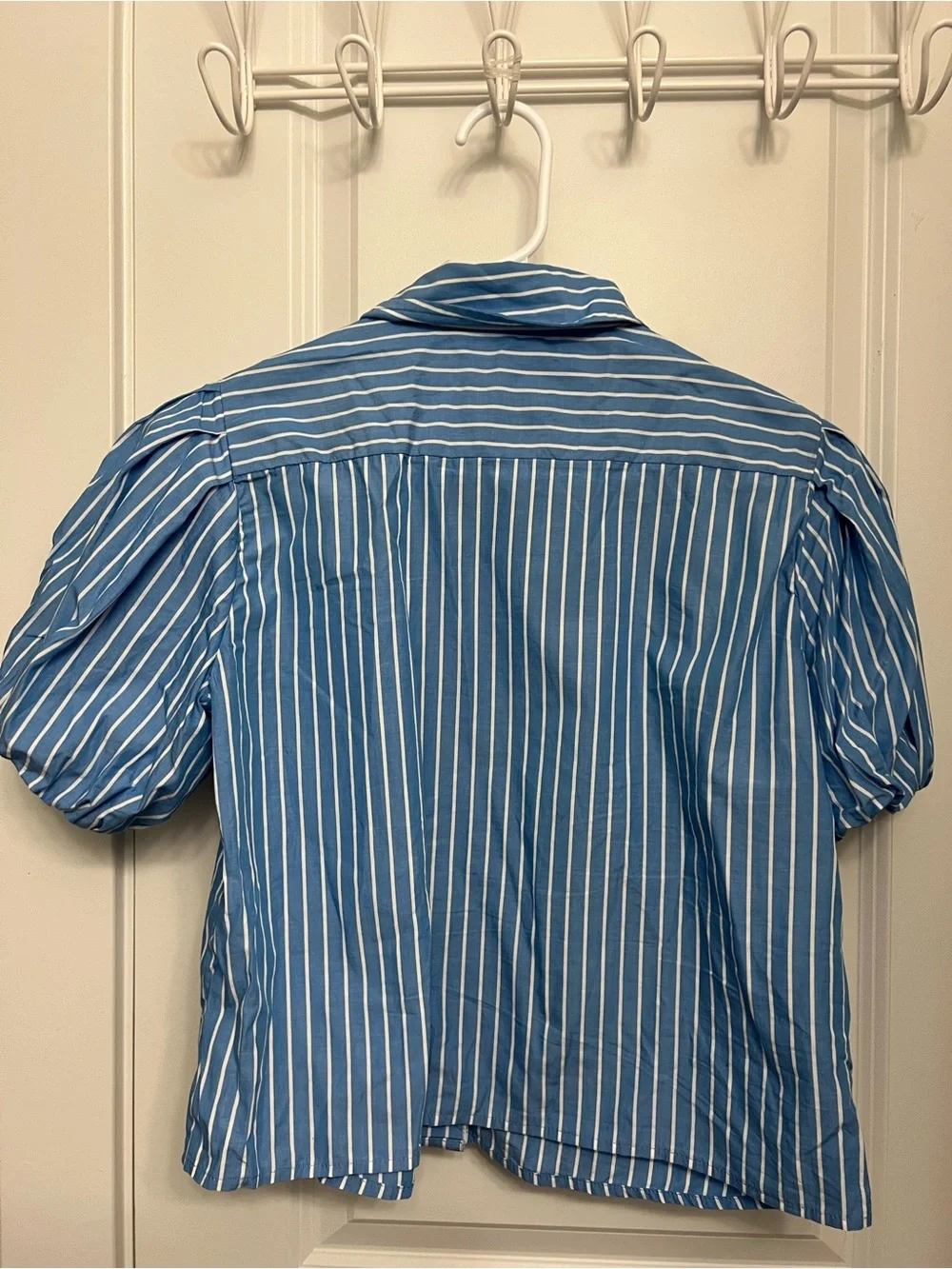 J. Crew Blue and White Striped Bubble Sleeve Button-Down Shirt - Picture 2 of 3